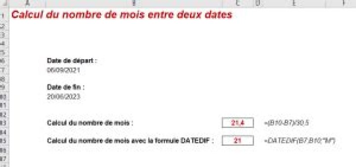 Excel calcul du nombre de mois entre deux dates : méthode