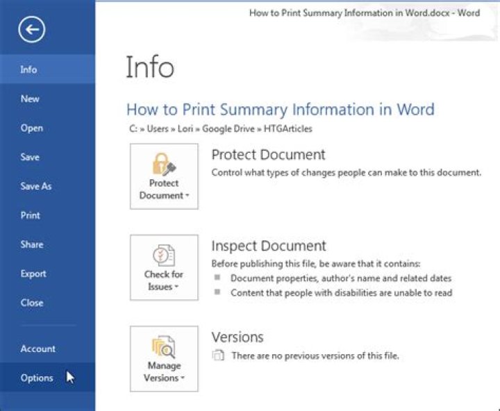 How to print document properties in word