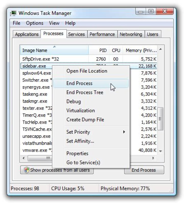 How to repair your crashed or hanging vista sidebar