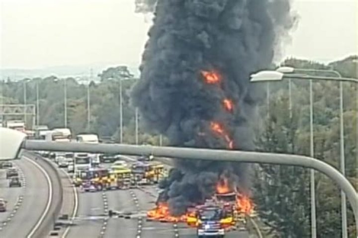 M25 crash: Van bursts into flames on motorway with massive traffic delays after road blocked – The Sun