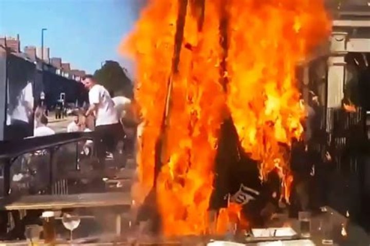 Shocking moment massive fireball erupts in beer garden as drinkers clutching pints flee