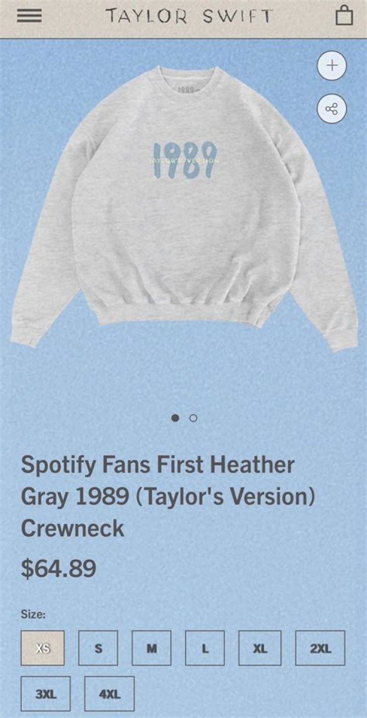 Spotify's Fans First gray 1989 (Taylor's Version) crewneck sweatshirt is sending Swifties wild