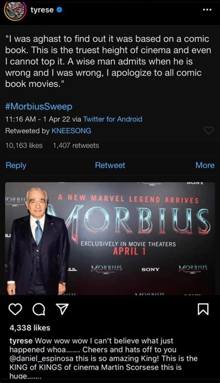 Tyrese Gibson Falls for Fake Martin Scorsese Quote Praising Morbius as 